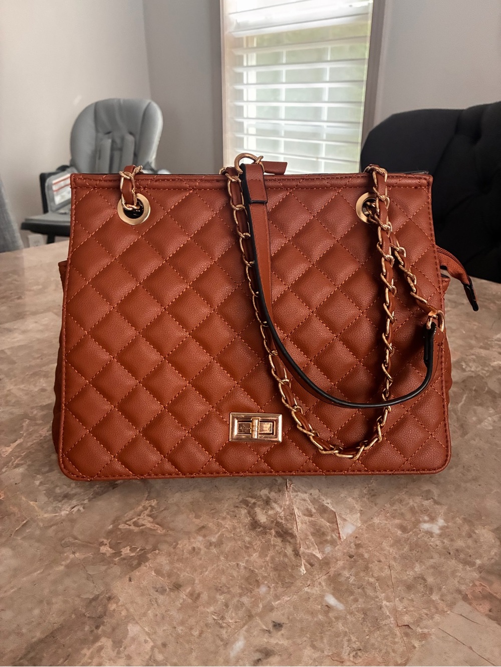 Quilted Shoulder Tote Bag in Cognac Brown with Chain Strap
